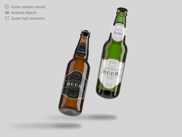 Download Premium Psd Realistic Floating Green And Brown Glass Beer Bottle Mockup Template