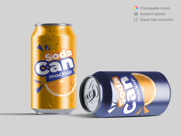 Download Realistic front view aluminium soda cans with water drops mockup template | Premium PSD File