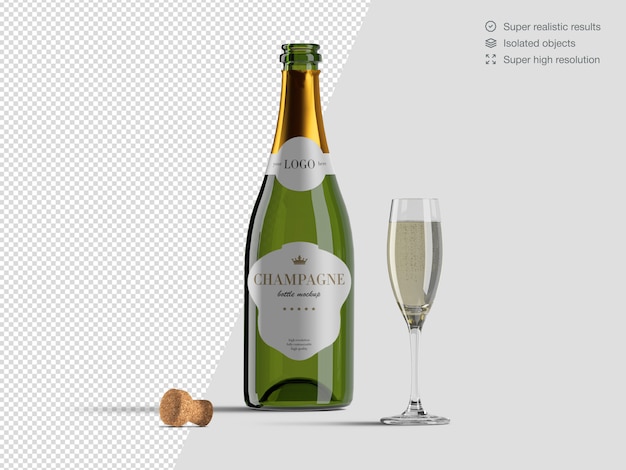 Download Premium Psd Realistic Front View Opened Champagne Bottle Mockup Template With Glass And Cork