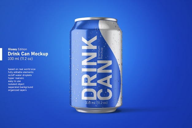 Premium PSD | Realistic glossy soda drink can editable mockup in front view