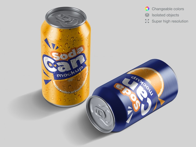 Download Realistic high angle aluminium soda cans with water drops mockup template | Premium PSD File
