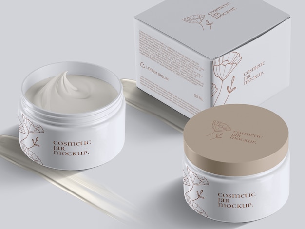 Download Premium Psd Realistic High Angle Opened And Closed Plastic Cosmetic Face Cream Jars And Box With Cream Strokes Mockup Template