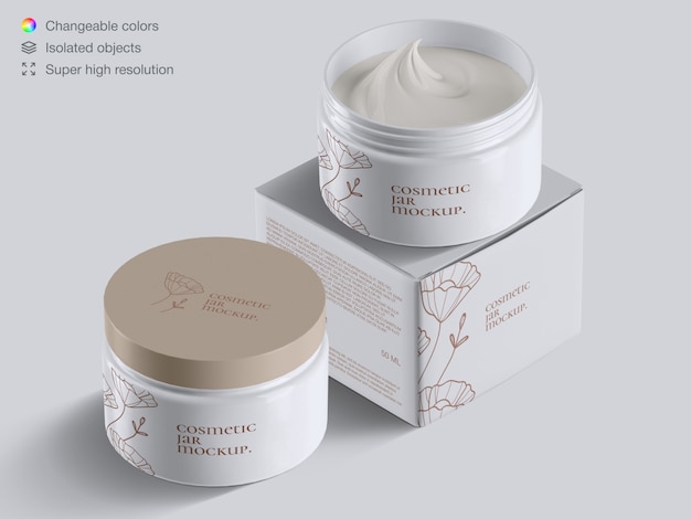 Download Realistic high angle plastic cosmetic face cream jars and cream box mockup template | Premium ...
