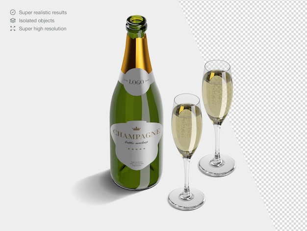 Premium Psd Realistic Isometric Champagne Bottle Mockup Template With Glasses Full Of Champagne