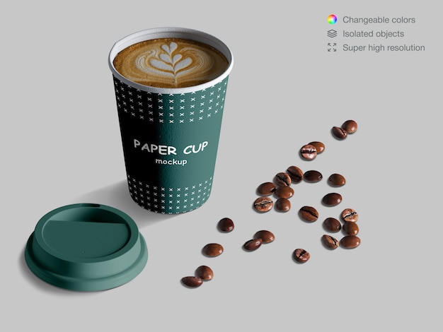 Download Realistic isometric coffee cup mockup with coffee beans | Premium PSD File