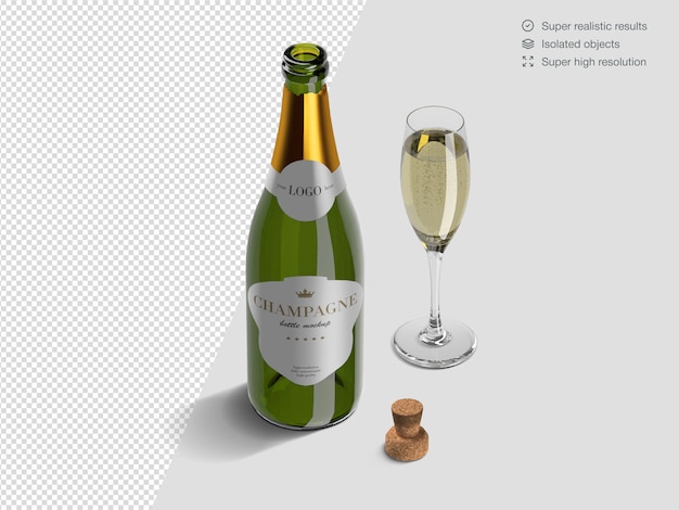 Download Realistic isometric opened champagne bottle mockup template with glass and cork | Premium PSD File