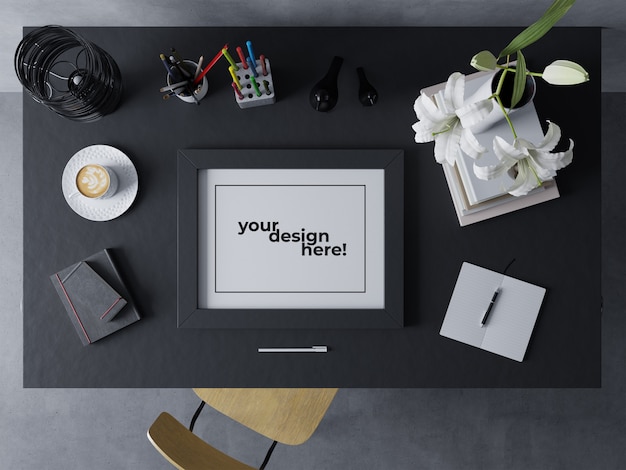 Realistic single artwork frame mock up design template resting landscape on black table in modern interior workspace Premium Psd