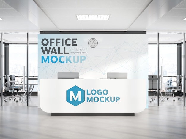 Download Reception desk in modern office with large wall mockup | Premium PSD File