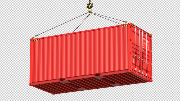Red cargo container hanging on a crane hook Premium Psd