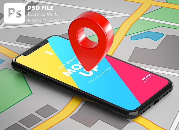 Download Premium PSD | Red gps pin on smartphone and map mockup in ...