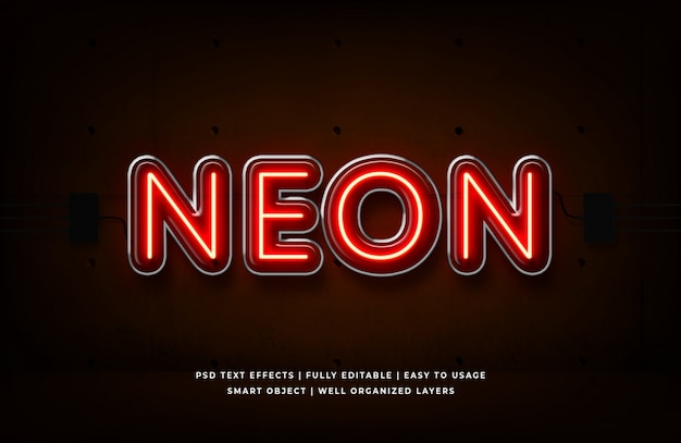 Red neon 3d text style effect premium psd Premium Psd