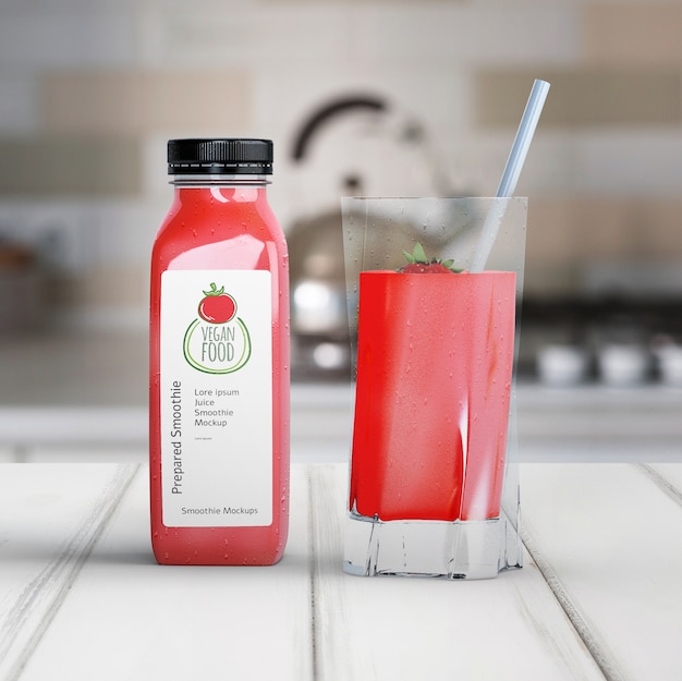Download Free Psd Red Smoothie In A Glass And Bottle Mock Up