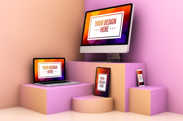 Download Premium PSD | Responsive devices on surreal colorful stage ...