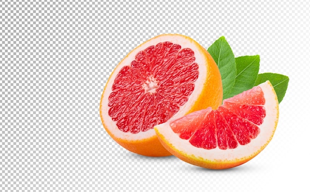 白い背景に分離されたピンクグレープフルーツの柑橘系の果物の熟した半分 完全な被写界深度 プレミアムpsdファイル