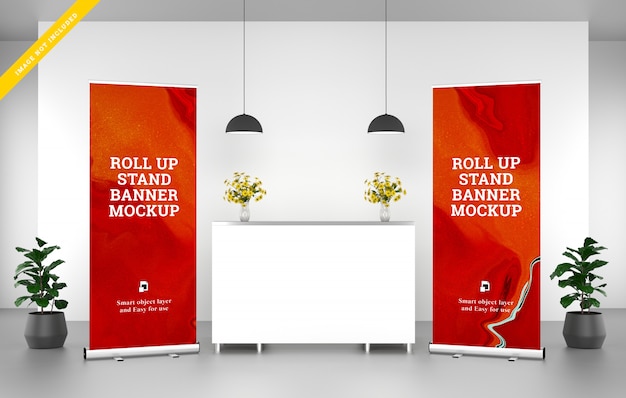 Download Premium PSD | Roll up banner stand mockup in the reception