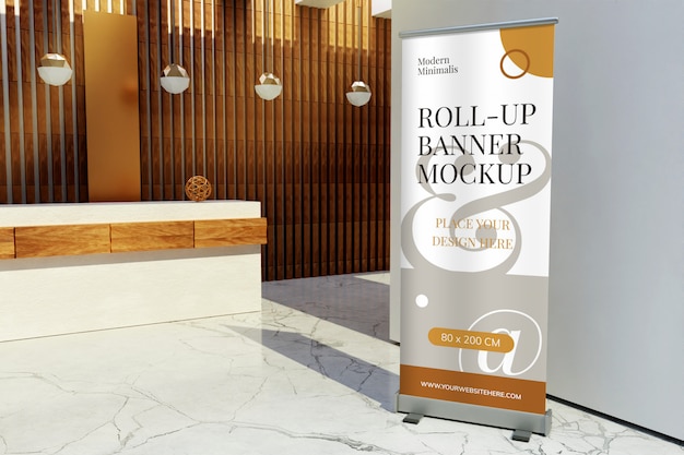 Download Roll-up standing banner mockup in front of reception desk ...