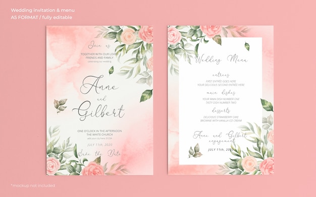 Romantic watercolor wedding invitation and menu template Free Psd