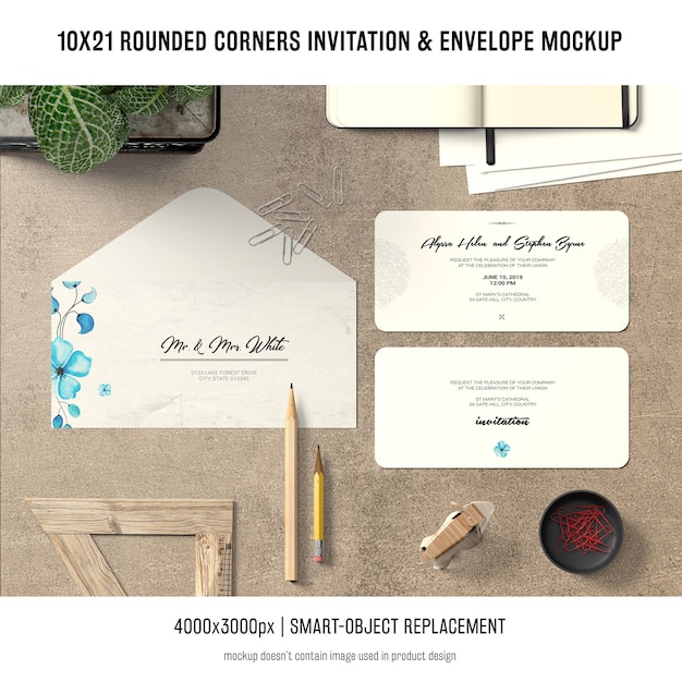 Rounded corners invitation and envelope mockup Free Psd