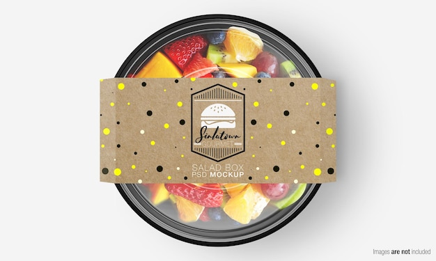Download Premium Psd Salad Box Mockup With Paper Cover On Fruit Salad