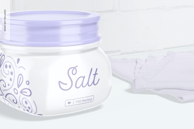 Premium PSD | Salt jar mockup, close up