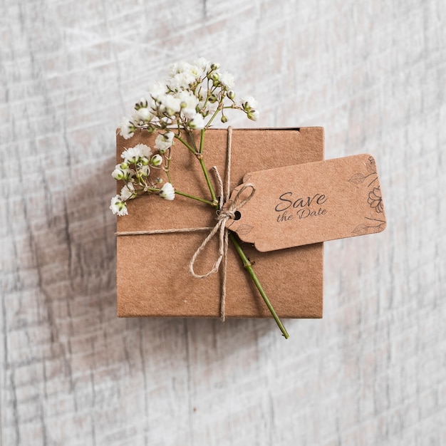 Download Save the date label mockup on present | Free PSD File