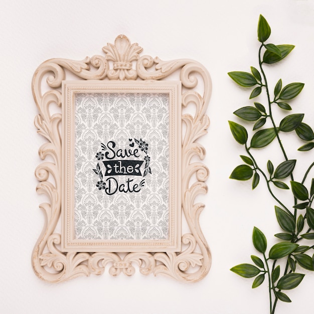 Save the date mock-up baroque frame with leaves PSD file ...