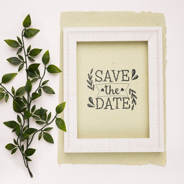 Download Save the date mock-up picture frame and leaves PSD file | Free Download