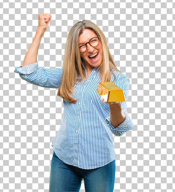 Senior beautiful woman with a gold ingot Premium Psd