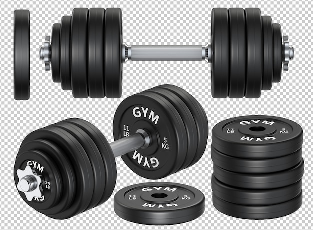  Set of rubber and metal dumbbells and plate weights Premium Psd