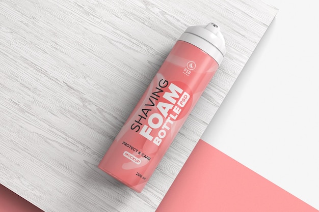 Download Premium Psd Shaving Foam Aerosol Spray Can On Wooden Surface Mockup