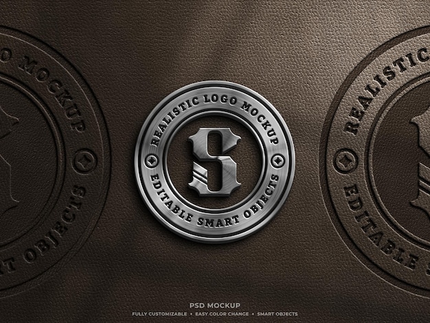  Shiny metallic and leather pressed logo mockup on brown leather