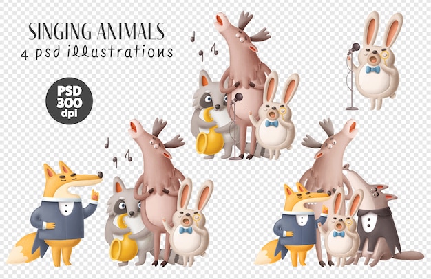 Premium PSD | Singing animals clipart