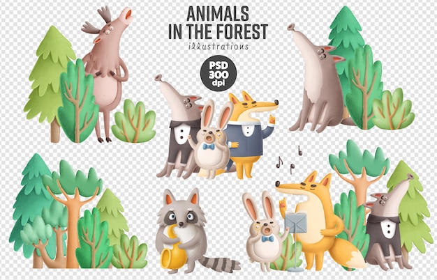 森のイラストで歌う動物 プレミアムpsdファイル