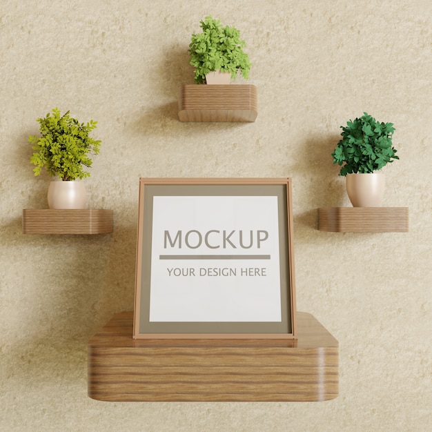 Download Single square frame mockup on wooden wall shelf with plants PSD file | Premium Download