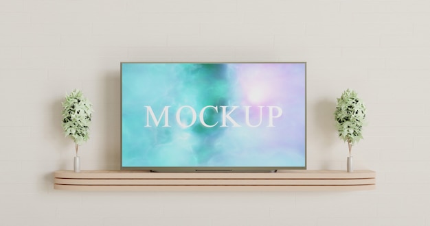 Download Smart tv mockup on the wooden wall desk | Premium PSD File