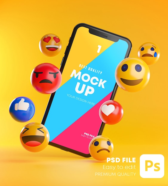 Smartphone between a bunch of emoji emoticons in 3d rendering mockup Premium Psd