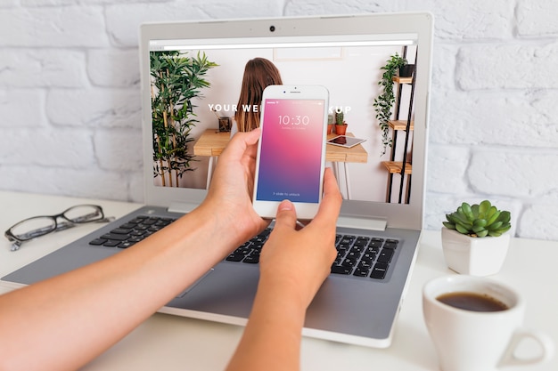 Download Smartphone mockup with laptop PSD file | Free Download