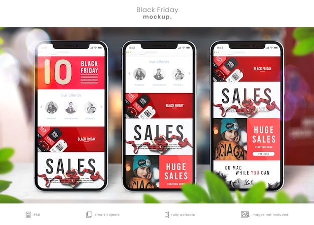 ブラックフライデーの販売のための店のテーブルのスマートフォンのモックアップ プレミアムpsdファイル