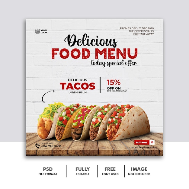 Social media post food for restaurant template banner Premium Psd