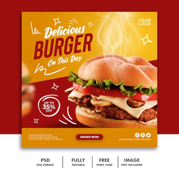 Social media post square banner template for restaurant fastfood menu special burger Premium Psd