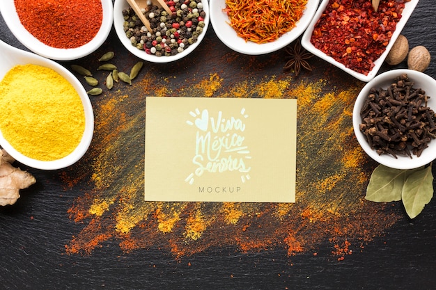 Download Spices and herbs mock-up with viva mexico card top view ...