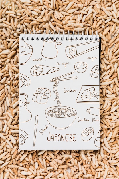 Download Spiral notepad mockup with japanese food mockup | Free PSD ...