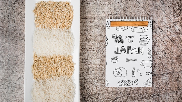 Download Spiral notepad mockup with japanese food mockup PSD file | Free Download