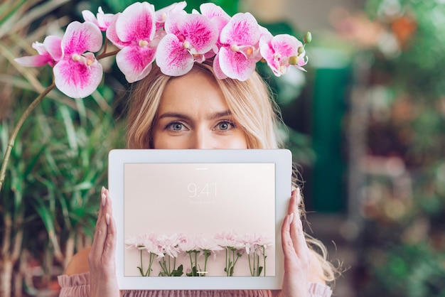 Download Spring concept with woman holding tablet mockup PSD file | Free Download