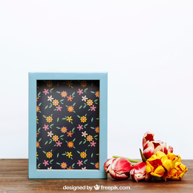 Download Spring mockup with blue frame of flowers | Free PSD File