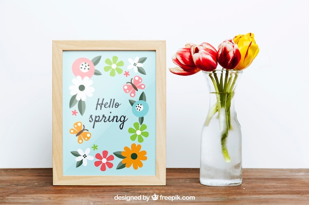 Download Free Psd Spring Mockup With Frame And Vase Of Flowers