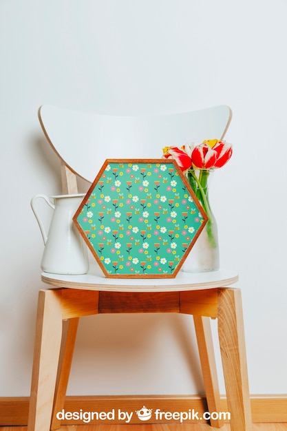 Download Spring mockup with hexagonal frame over chair | Free PSD File