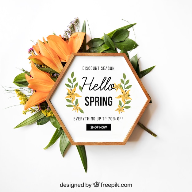 Free PSD | Spring mockup with hexagonal frame