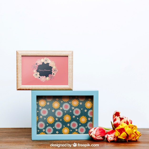 Download Spring mockup with two frames of flowers | Free PSD File