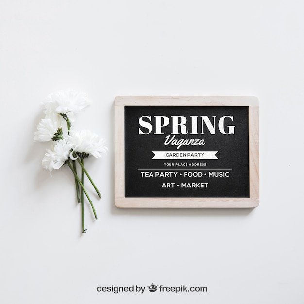 Download Free Psd Spring Mockup With White Flowers Next To Slate